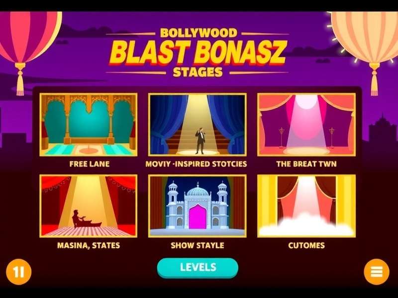 Bollywood Blast Bonanza level selection screen showing different Bollywood movie-inspired stages